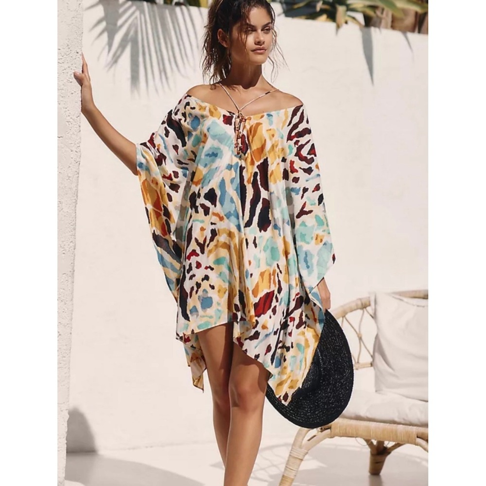 Anthropologie Animal Print Swim Coverup Abstract Kaftan Dress XXS XS Oversized
